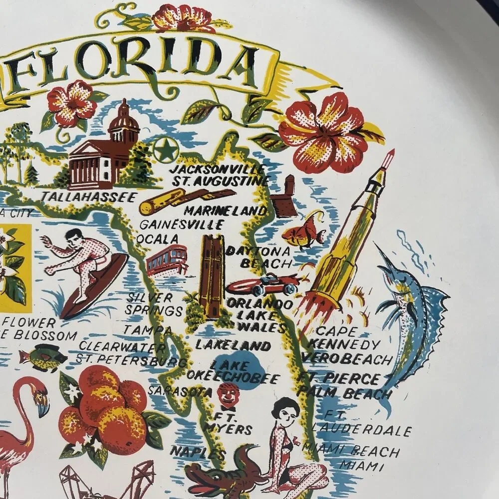 Large Hard Plastic Souvenir Florida Tray Map State Tourist 13